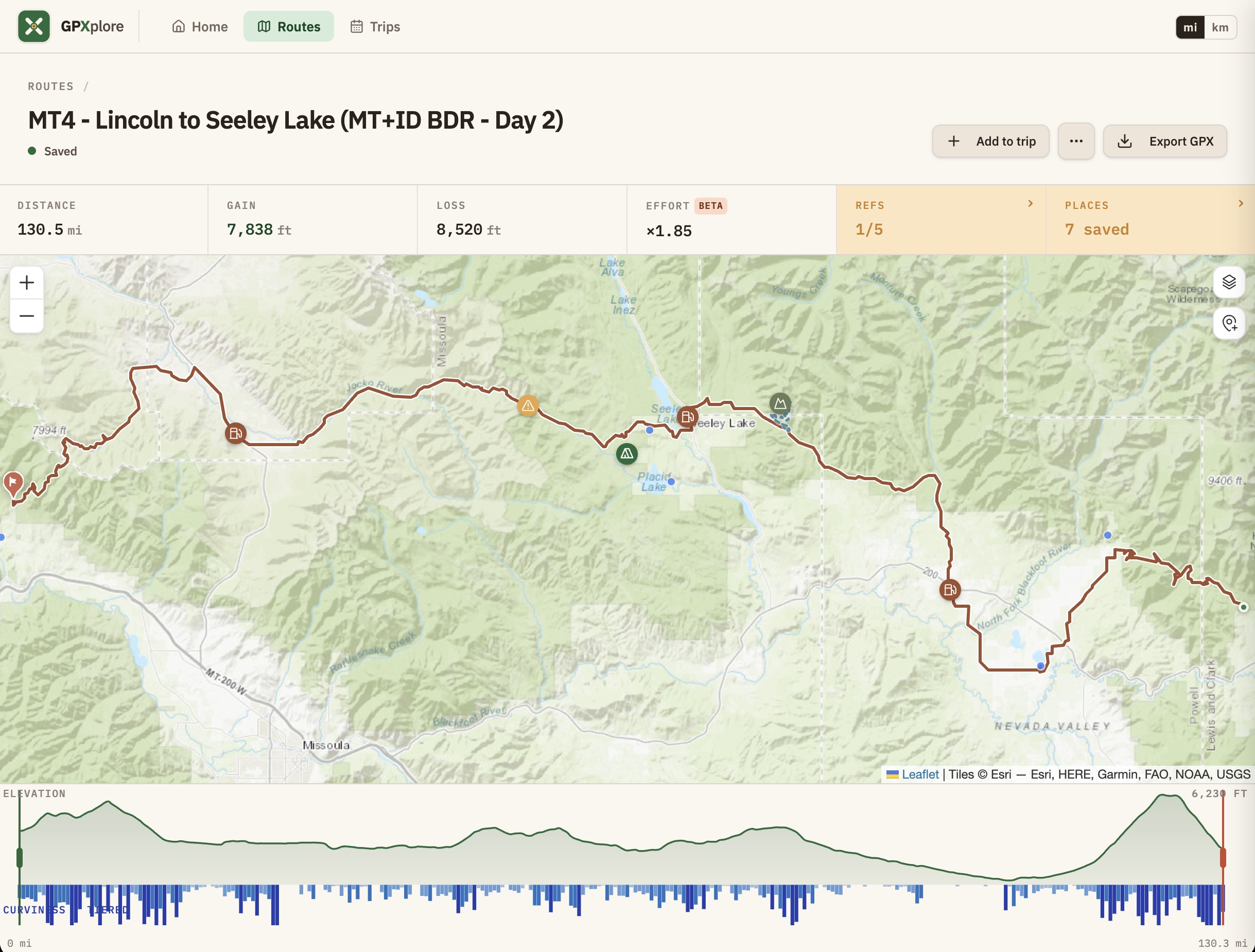 GPXplore route detail screen showing a saved backcountry route, distance and elevation metrics, a Leaflet map, and an elevation chart.
