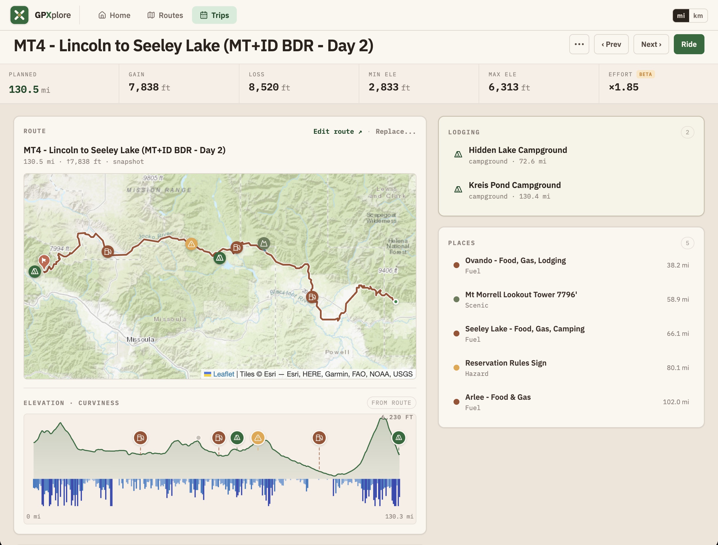 GPXplore trip day screen showing a route card, lodging and places lists, a route map, and elevation profile for a multi-day ride.